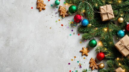 Festive christmas tree branches adorned with colorful ornaments gingerbread cookies and gift boxes on a textured background