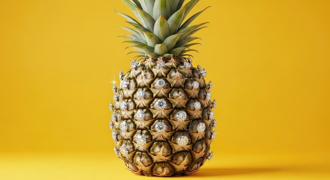 Opulent Diamond Encrusted Pineapple Conceptual Art Object on a Simple Yellow Backdrop