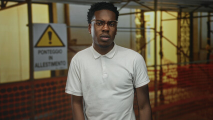 Man touching chin at outdoor construction site with scaffolding and warning sign visible;...