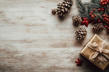 Festive christmas holiday arrangement with pine cones fir branches and red berries on rustic wooden background