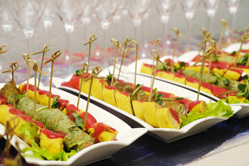 Colorful assortment of gourmet appetizers displayed elegantly on white platters, garnished with fresh herbs, showcasing culinary artistry and vibrant presentation for event catering