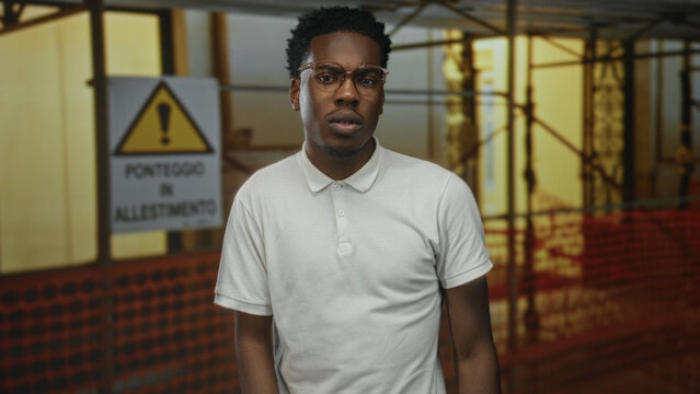 Man touching chin at outdoor construction site with scaffolding and warning sign visible; uncertainty and doubt.