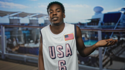 Young african american man with outstretched hand and shrug gesture on cruise boat deck by building...