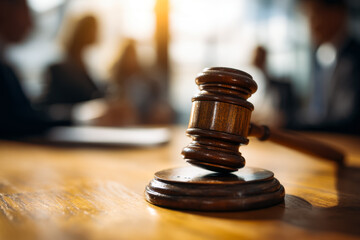 Wooden judge gavel resting on a polished table with blurred group of professionals discussing legal matters in the background during a sunset-lit meeting