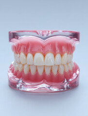 Obraz premium Full set of dental prosthetic teeth model with realistic gums displayed on a neutral background illustrating oral health and dental care concepts