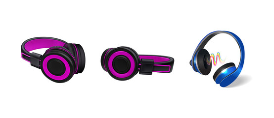 Three headphones with one showing sound waves audio