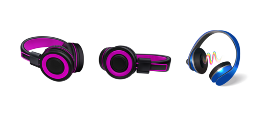 Three headphones with one showing sound waves audio
