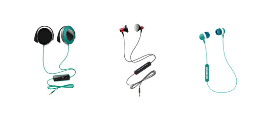 Three pairs of earphones with wires and controls earbuds