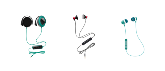 Three pairs of earphones with wires and controls earbuds
