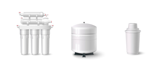 Water filter system components including cartridges and tank