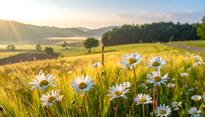 Field of daisies in sunlight with rolling hills and a forest