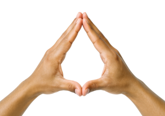 Two hands forming a triangle or pyramid shape with fingers and thumbs touching, a symbol of balance, Isolated on Transparent and White Background