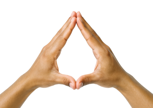 Two hands forming a triangle or pyramid shape with fingers and thumbs touching, a symbol of balance, Isolated on Transparent and White Background