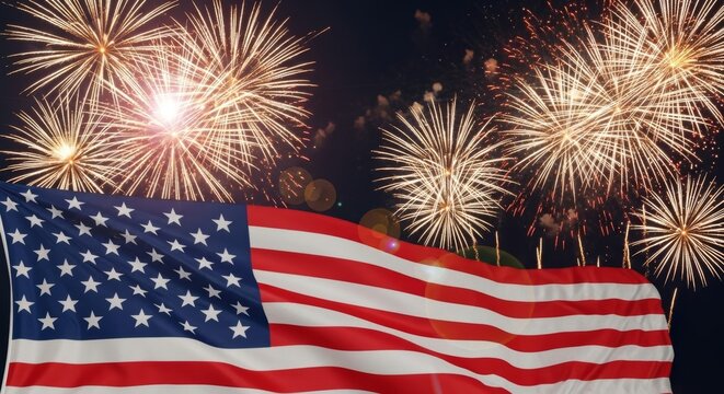American flag waves against a vibrant night sky filled with fireworks - Powered by Adobe