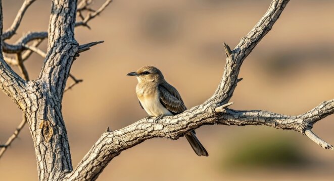 Elegant Female Onychognathus Frater Bird Resting Quietly on a Bare Textured Tree in Socotra