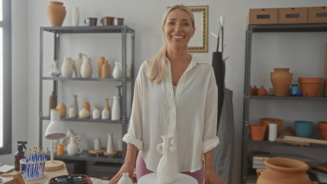 Blonde woman stands with hands on table beside ceramic vase on pottery wheel in artisan studio; serenity.