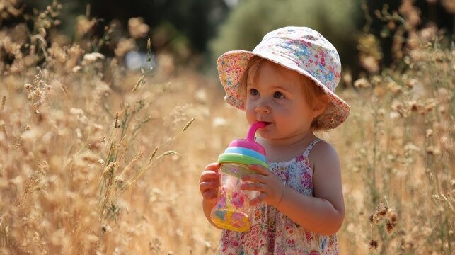 Adorable toddler enjoys a refreshing drink outdoors in sunny field - Powered by Adobe