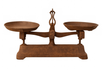 Scales of justice representing balance, law, and equality, antique rusty metal weight measurement tool on transparent background