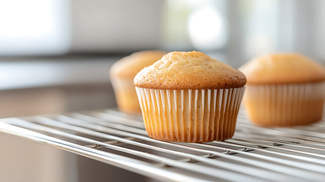 Freshly baked cupcakes on a wire rack, cooling in a bright, modern kitchen. The golden-brown tops and delicate paper liners offer a simple, tempting treat.