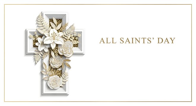 Elegant white and gold floral cross for All Saints' Day provides a beautiful backdrop for remembering loved ones and celebrating faith and remembrance