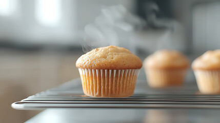 A close-up shot showcases a golden muffin with delicate steam rising from its top, placed on a metal cooling rack. Additional muffins are softly blurred in the background.