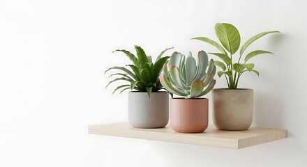 Fototapeta premium On a minimalist floating shelf made of light wood, a harmonious collection of three ornamental potted plants stands out against an immaculate white background.