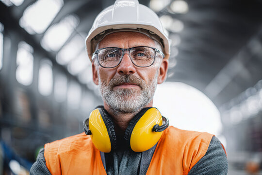 Experienced industrial worker wearing safety gear in a modern construction or manufacturing facility