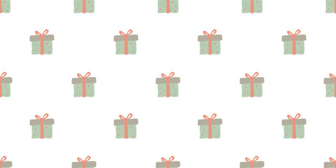 Fototapeta premium Christmas seamless pattern with green and red presents tied with bows. Cozy festive vector design for wrapping paper, textiles, and holiday backgrounds