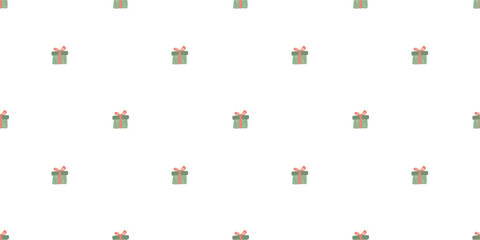 Seamless vector pattern with small gift boxes and pink bows on white background. Cute minimal Christmas design for wrapping paper or festive decor