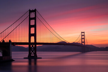 Obraz premium Majestic bridge silhouette against a vibrant sunset sky, reflected in the tranquil waters below. The sky transitions from deep pink to orange, casting a serene glow on the landscape.
