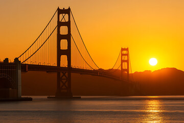 Obraz premium Golden hour over the majestic suspension bridge. A serene scene with a striking silhouette against a vibrant orange sunset. City skyline in the distance.