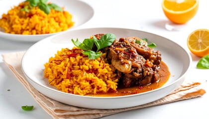 Gourmet plated meal of braised meat with vibrant yellow rice and citrus fruit