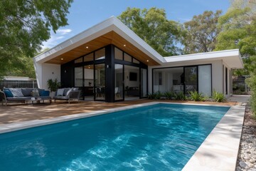 Fototapeta premium Modern mid-century house with pool surrounded by trees on a sunny day