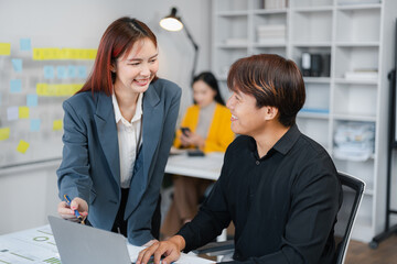 Asian Business People Collaboration on Laptop in Modern Office Workplace | Teamwork Meeting Ideas Brainstorming Presentation Project Review