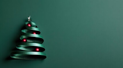 Minimalist christmas tree decoration made from green ribbon with red ornaments on a dark green background