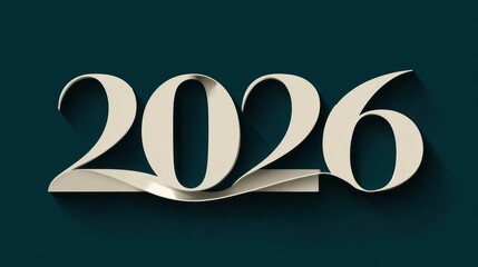 Elegant 2026 text design with flowing ribbon element on a dark teal background for new year celebrations
