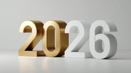 Golden and white three dimensional numbers representing the year 2026 in a clean studio setting