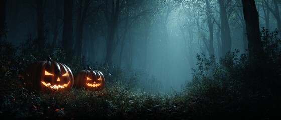Fototapeta premium Ghostly night scene with hauntingly illuminated pumpkins. Advertising photo. Pumpkins carved with intricate designs in a spooky forest. Lifestyle shot. Professional look.