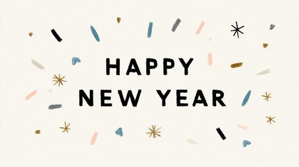 Happy new year text with colorful abstract confetti and festive doodles on a light background