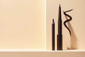 Classic Precision: Black Eyeliner and Pencil on Nude Minimalist Background
