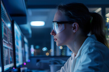 Woman scientist analyzing data on multiple screens