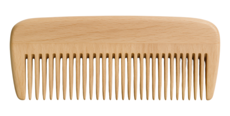 A single, light brown wooden comb made from natural beech wood with fine teeth for hair styling and grooming, Isolated on Transparent and White Background
