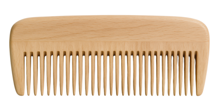 A single, light brown wooden comb made from natural beech wood with fine teeth for hair styling and grooming, Isolated on Transparent and White Background