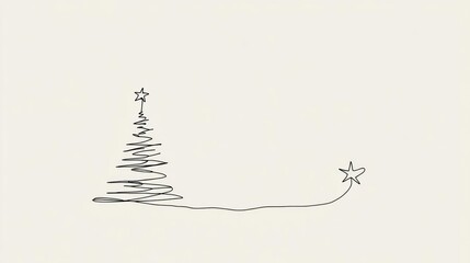 Minimalist hand drawn line art of a christmas tree with a star and a trailing line with a star ornament