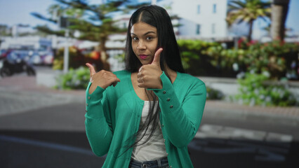 Woman in green cardigan pointing thumb to city street with blurred palm trees and building beyond;...