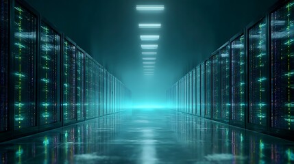 A vast server room, with symmetrical corridors of sleek black server racks, extends to the horizon. Electric blue and lime green light lines flow and pulsate through the server panels
