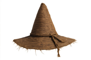 Brown conical wizard hat with a wide brim, featuring a weathered appearance and tied cord, on transparent background