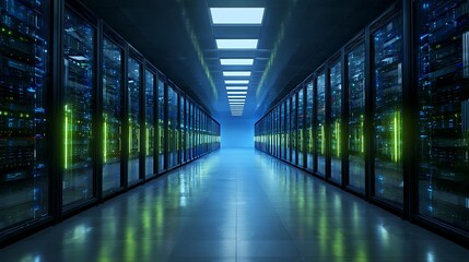 A vast server room, with symmetrical corridors of sleek black server racks, extends to the horizon. Electric blue and lime green light lines flow and pulsate through the server panels