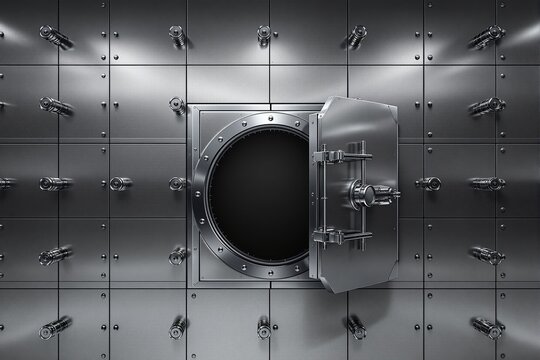 Open circular vault door in a highly secure metallic room surrounded by surveillance cameras on steel walls, concept of security and protection. Ai generative