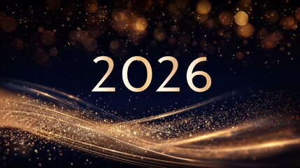 Golden glowing wave and sparkling particles with the year 2026 prominently displayed on a dark background